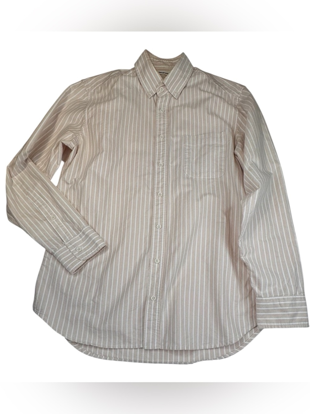 Taylor Stitch Shirt Men’s Size 40 Beige White Stripe Cotton Button Down Pocket
